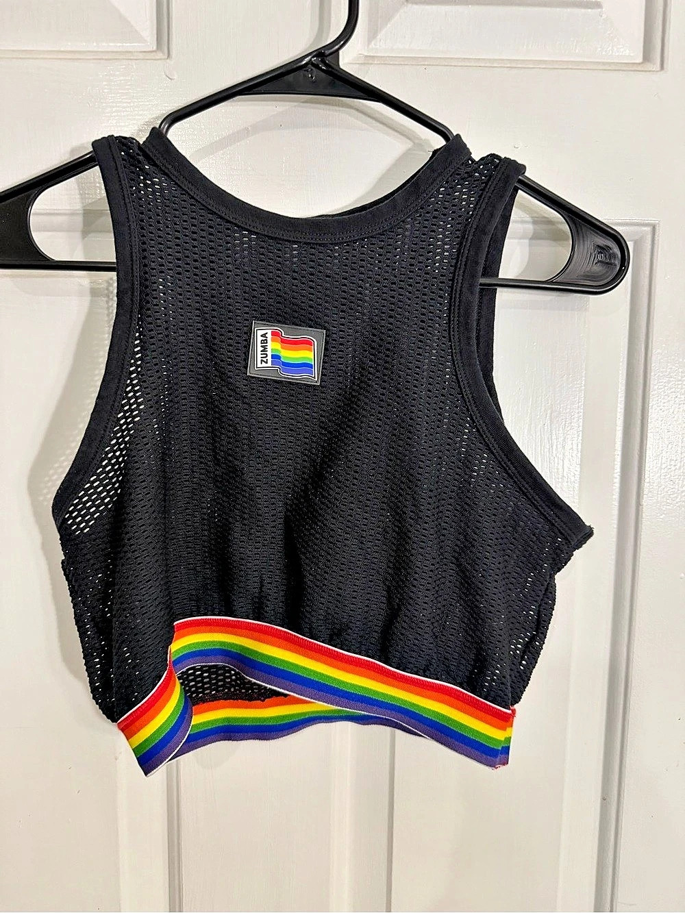 Zumba Crop Mesh Tank With Elastic Waistband Black & Rainbow